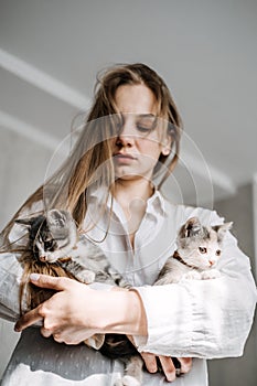 Cat Adoption, Adopt kitten from rescues and shelters. Portrait of woman playing with two outbred adopted kittens