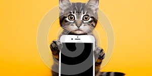 cat animal is holding empty blank screen smart phone, concept of mobile app application for pet content, veterinary vet online
