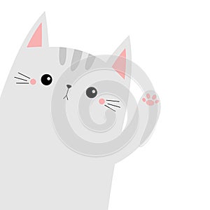Cat animal. Kitten kitty waving hand. Cute cartoon funny kawaii character. Childish baby collection. T-shirt, greeting card,