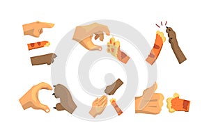 Cat or Animal Paw and Human Hand Gesturing Giving High Five and Showing Thumb Up Vector Set