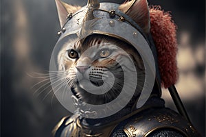 Cat animal portrait dressed as a warrior fighter or combatant soldier concept. Ai generated photo