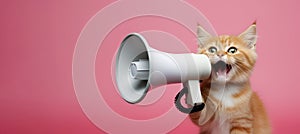 Cat announcing using megaphone. Notifying, warning, announcement