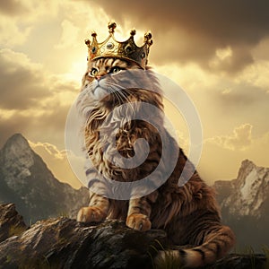 The cat appears like a lion on top of a mountain wearing a crown , AI Generated, cat surreal world, cat lion imagination, cat