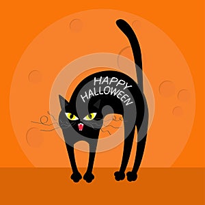 Cat arch back. Happy Halloween greeting card. Yellow eyes, fangs, curl moustaches whisker. Funny cartoon character. Big moon. Oran