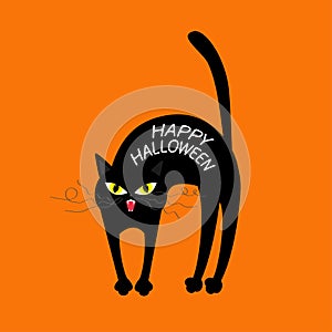 Cat arch back. Happy Halloween greeting card. Yellow eyes, fangs, curl moustaches whisker. Funny cartoon character. . Oran