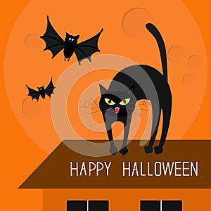 Cat arch back. Kitty on roof. Yellow eyes, fangs, curl whisker. Flying bats. Happy Halloween card. Moon, house, windows.