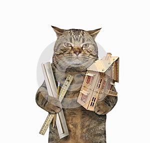 Cat architect with house model