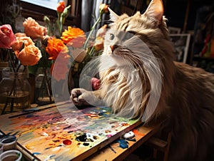 Cat artist painting portrait with Pentax camera