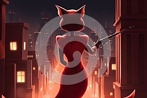 Cat as beautiful femme fatale, wearing a slinky red dress and holding a pistol, standing in front of a dramatic cityscape cartoon