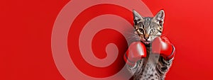 Cat as boxer with a red boxing gloves isolated on the bright red background