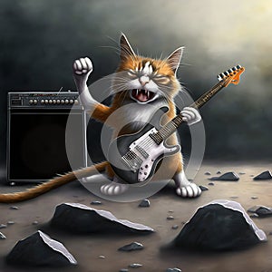 Cat as a deathmetal star playing guitar on a concert stage photo