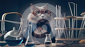 A cat as a scientist with a scarf and glasses, Realistic AI generated Illustration