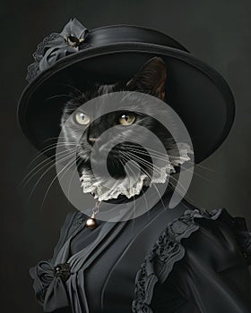 Cat as a Victorian lady in black and white