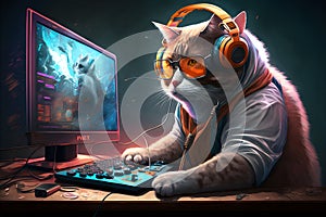 Cat as video game live stream gamer use PC computer for entertainment. Neural network generated art