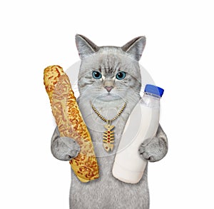 Cat ashen with cheese bun and bottle of milk