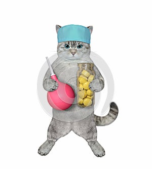 Cat ashen holds enema and bottle of pills