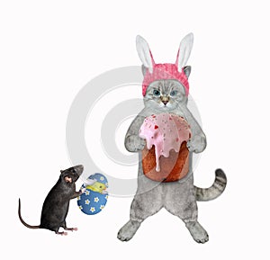 Cat ashen with rat celebrate easter