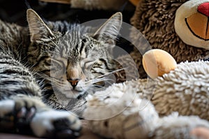 cat asleep, curled up next to thrownout stuffed toy