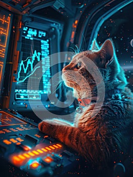 Cat astronaut analyzing crypto charts in space station, serious focus, cosmic explorer , cinematic