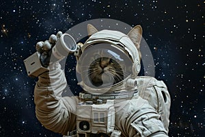 Cat astronaut capturing space with camera