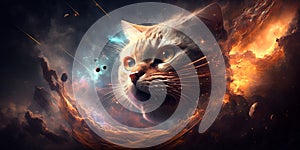 Cat astronaut deep space. Milky Way nebula stars galaxy warrior future digital spaceman sci-fi illustration. AI