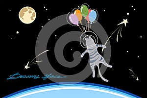 Cat astronaut flies on colorful balloons in space. Sky with stars, planet, moon. Below is the earth. Flat style