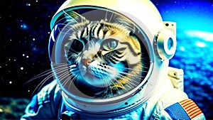 Cat astronaut in outer space. Adventure, exploring galaxy,science fiction poster,fantasy concept.