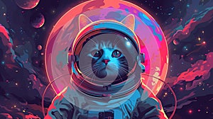 Cat Astronaut in outer space. Spacewalk