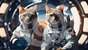 Cat astronaut in space on background of the globe.