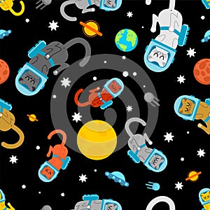 Cat astronaut space pattern seamless. Pet spaceman background. Kitty cosmonaut costume. Universe Baby cloth textire