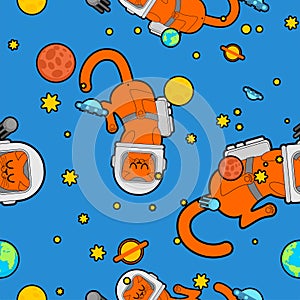 Cat astronaut space pattern seamless. Pet spaceman background. Kitty cosmonaut costume. Universe Baby cloth textire