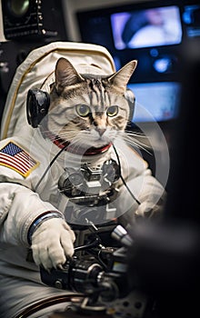Cat astronaut in a spacesuit in a spaceship plows the expanses of the universe