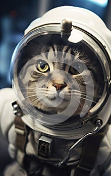 Cat astronaut in a spacesuit in a spaceship plows the expanses of the universe