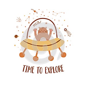 Cat astronaut, time to explore. Space phrase, space quote Baby space rocket print. Cute childish cosmic element, star