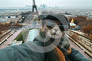 A cat in autumn clothes and glasses takes a selfie in Paris. The concept of travel