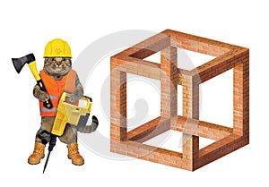 Cat with axe and jackhammer near brick cube