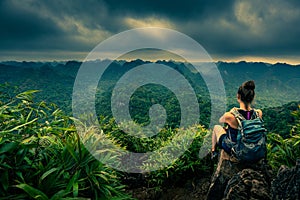 Cat Ba National Park Top of the Hill Young Woman enjoys beautiful view from the Ngu Lam peak in Kim Giao forest