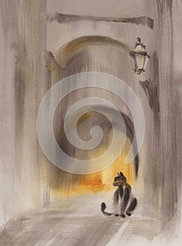 A cat in the backstreet watercolor background photo