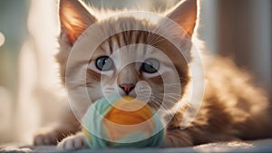 cat with a ball An adorable kitten with a playful demeanor, sitting in a sunbeam that filters through a window,