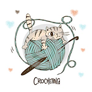 A cat on a ball of yarn. Crochet logo. Vector photo