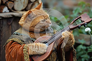 Cat Bard Plays his Lute, Cat Minstrel Song, Pet Troubadour Music, Medieval Cat Singer photo