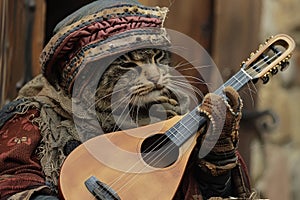 Cat Bard Plays his Lute, Cat Minstrel Song, Pet Troubadour Music, Medieval Cat Singer photo