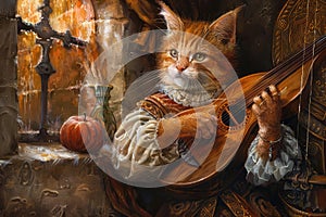 Cat Bard Plays his Lute, Cat Minstrel Song, Pet Troubadour Music, Medieval Cat Singer photo