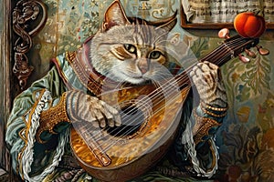 Cat Bard Plays his Lute, Cat Minstrel Song, Pet Troubadour Music, Medieval Cat Singer photo