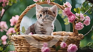 cat in basket A charming kitten wearing a chaplet of vibrant blooms, peeking out from a basket humorously