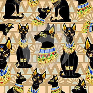 Cat Bastet Ancient Egyptian Deity Sacred Animal Silhouette with decorative Jewelry Vector Seamless Pattern