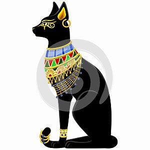 Cat Bastet Ancient Egyptian Deity Sacred Figure Silhouette with Decorative Jewels Vector Illustration isolated on white