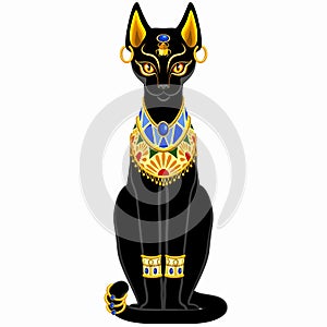 Cat Bastet Ancient Egyptian Deity Sacred Figure Silhouette with Decorative Jewels Vector Illustration isolated on white