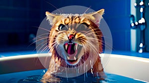 Cat in bathtub with its mouth open and it& x27;s mouth wide open. Generative AI