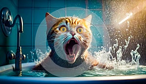 Cat in bathtub with it's mouth open and it's mouth wide open. Generative AI